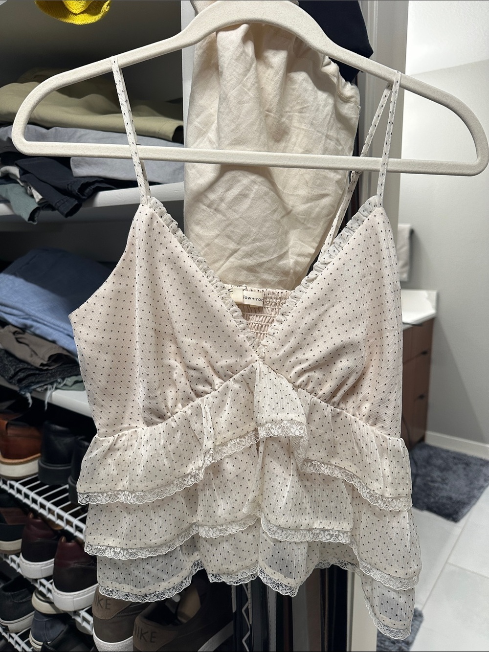 Delicate Cream Polka-Dot Lace-Trim Ruffle Cami